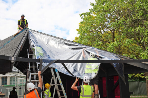 Installing tensile PVC roofing at Serpentine Pavilion